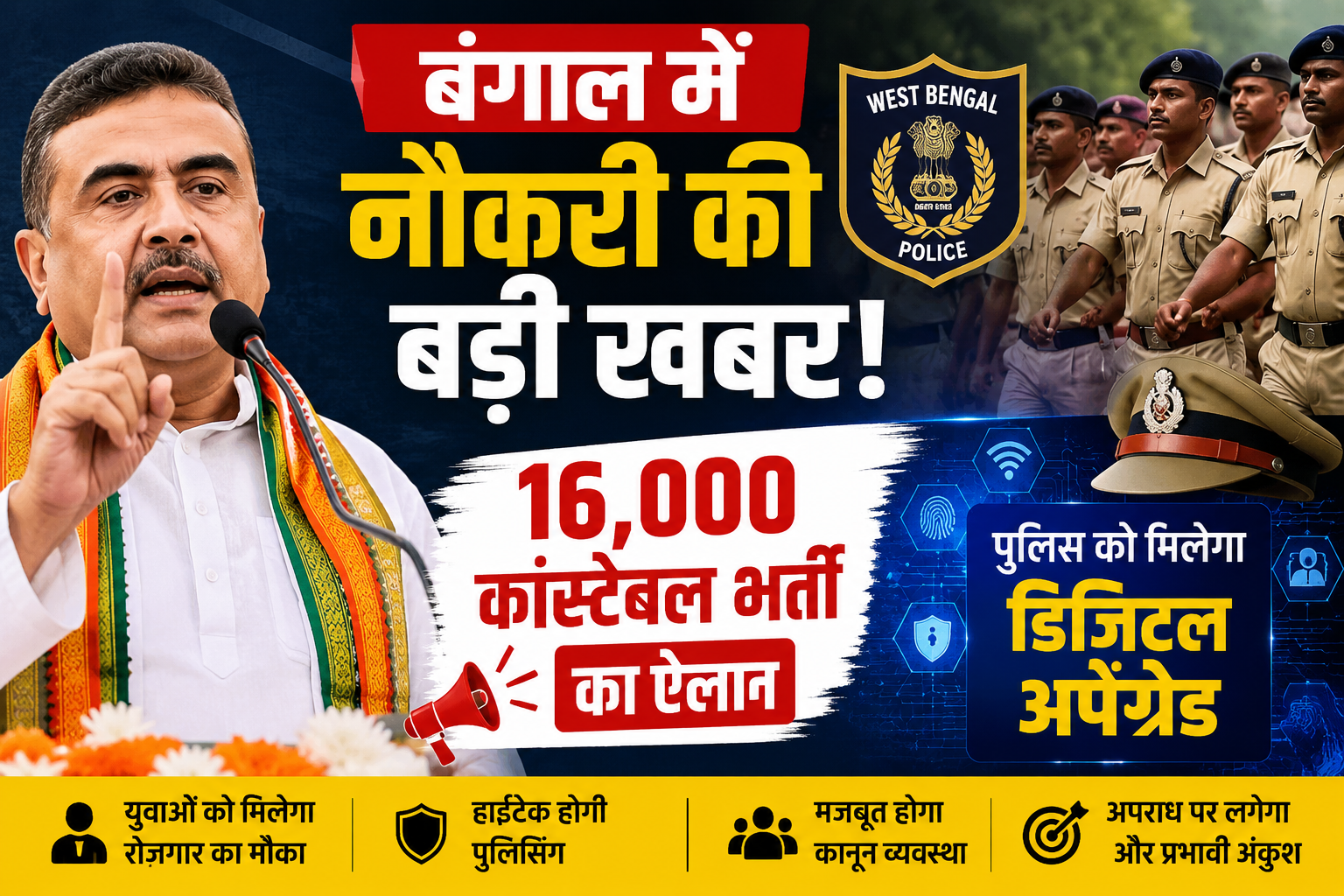 बंगाल में नौकरी की बड़ी खबर! 16,000 कांस्टेबल भर्ती का ऐलान, पुलिस को मिलेगा डिजिटल अपग्रेड