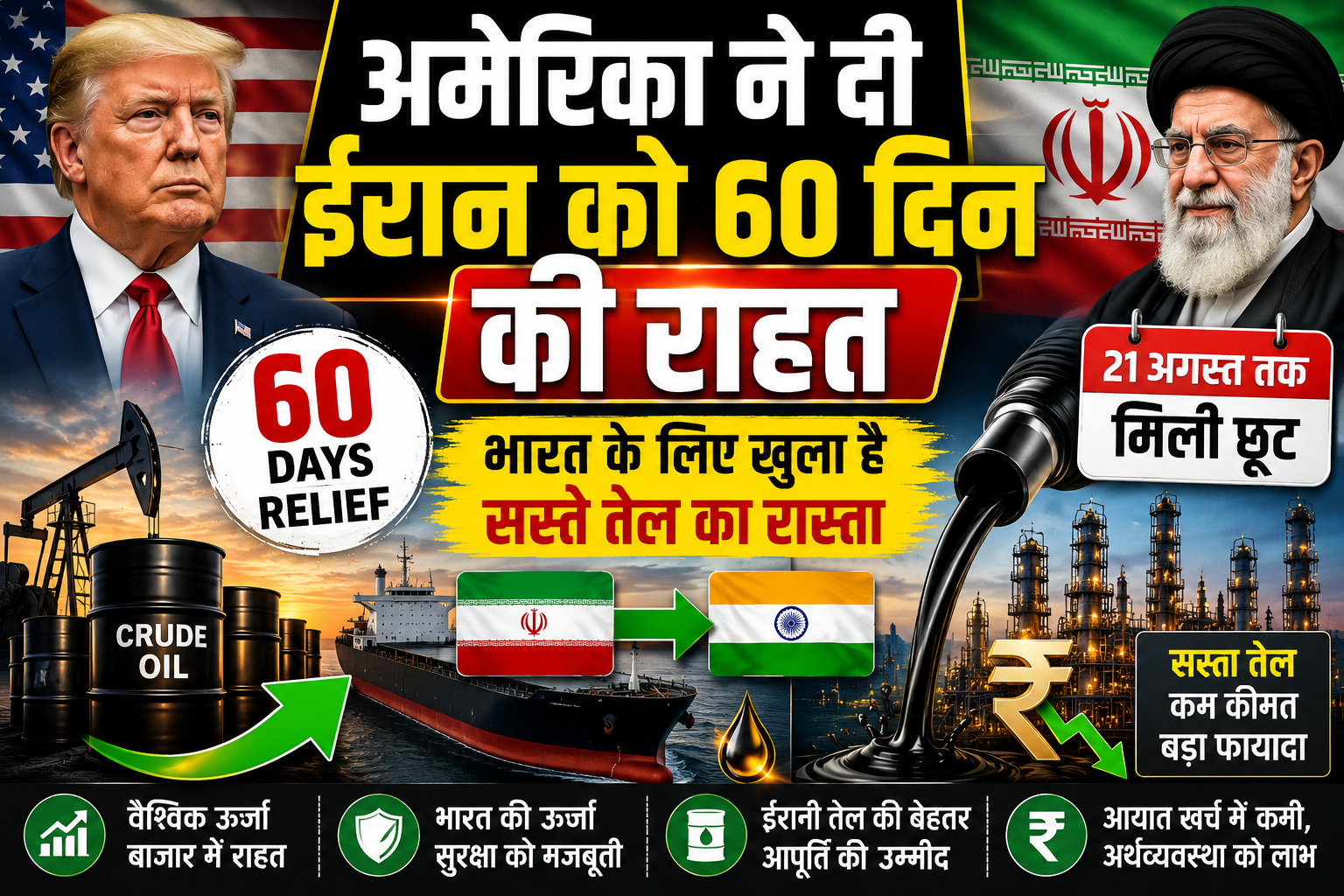 अमेरिका ने दी ईरान को 60 दिन की राहत, भारत के लिए खुला है सस्ते तेल का रास्ता