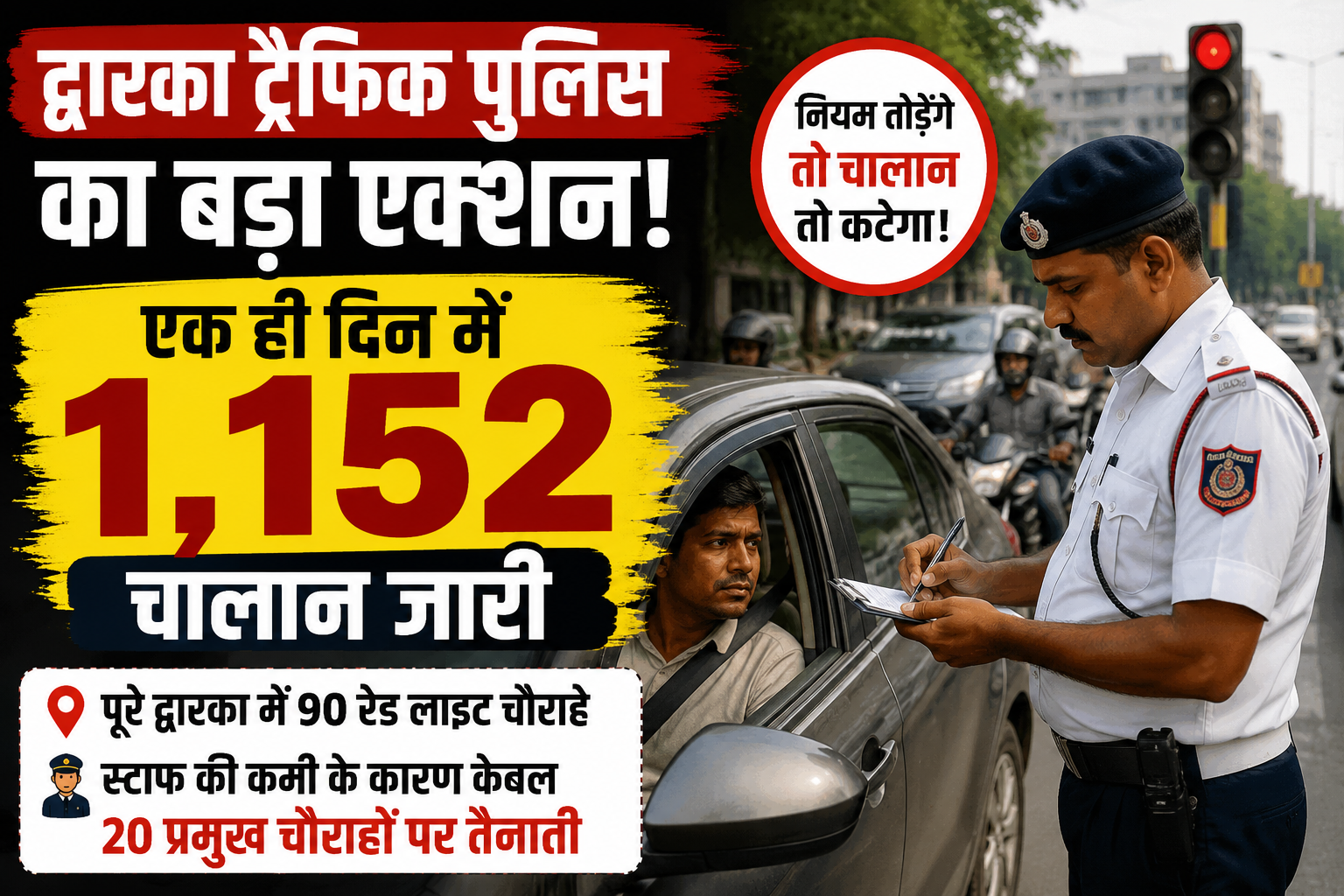द्वारका ट्रैफिक पुलिस का बड़ा एक्शन, एक दिन में कटे 1,152 चालान