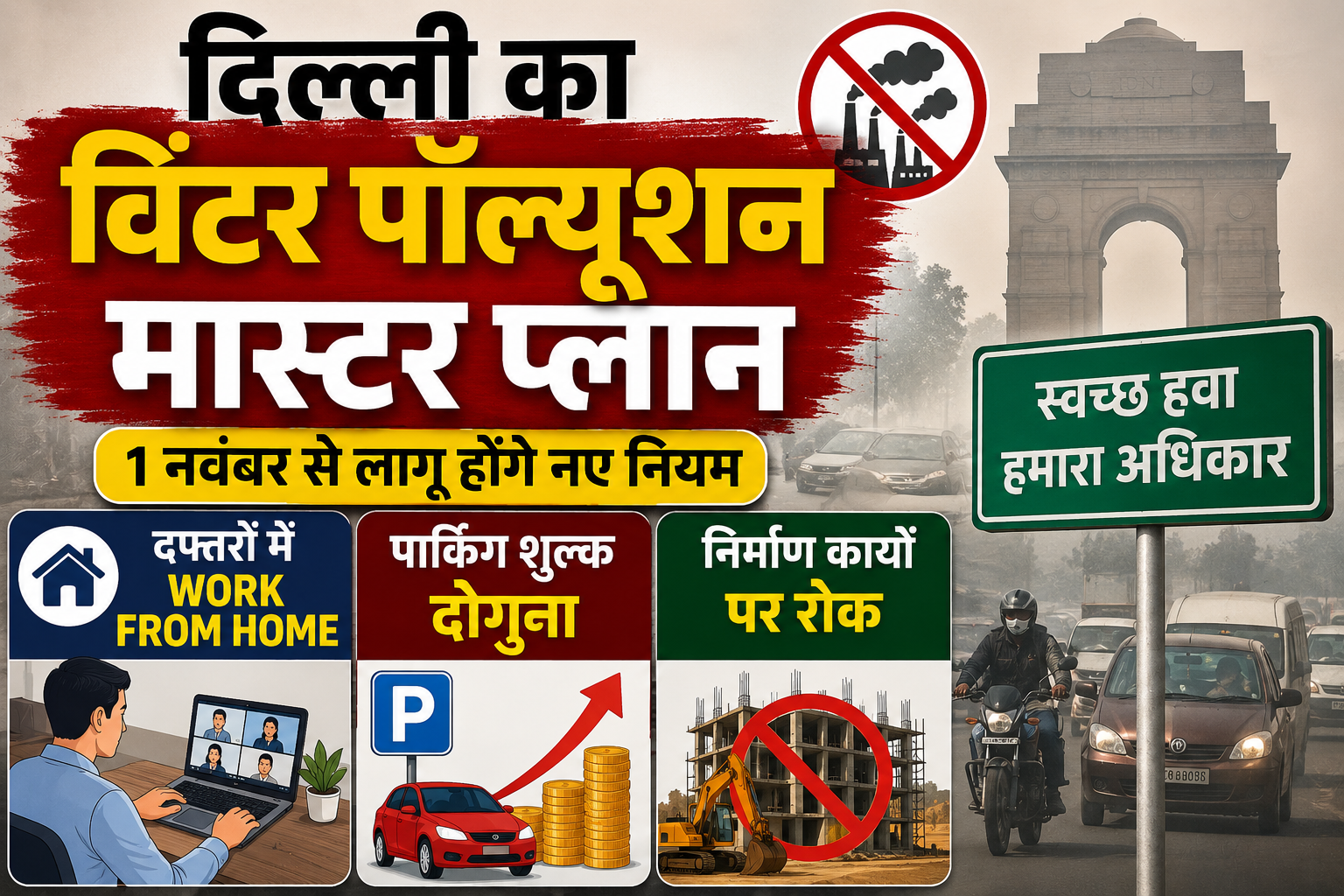 दिल्ली का विंटर पॉल्यूशन प्लान: 1 नवंबर से निर्माण कार्यों पर रोक और पार्किंग शुल्क दोगुना