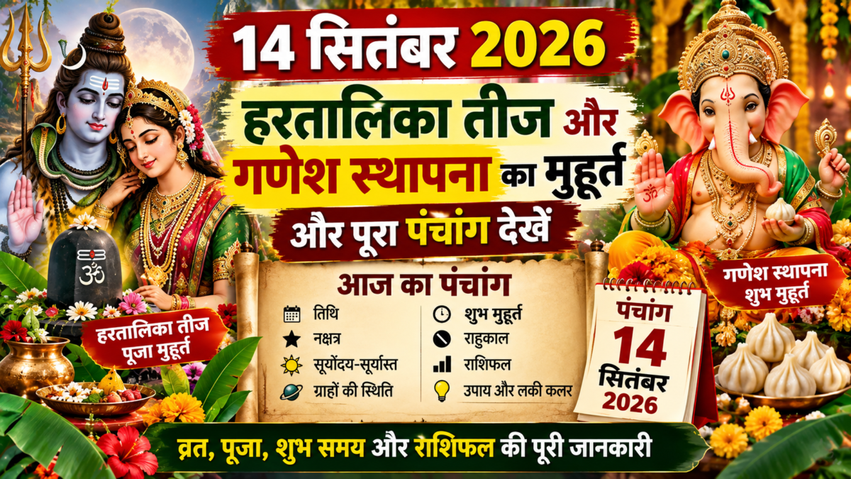 14 सितंबर 2026 का पंचांग: 50 साल बाद गणेश चतुर्थी और हरतालिका तीज का खास संयोग, जानें शुभ मुहूर्त और राशिफल