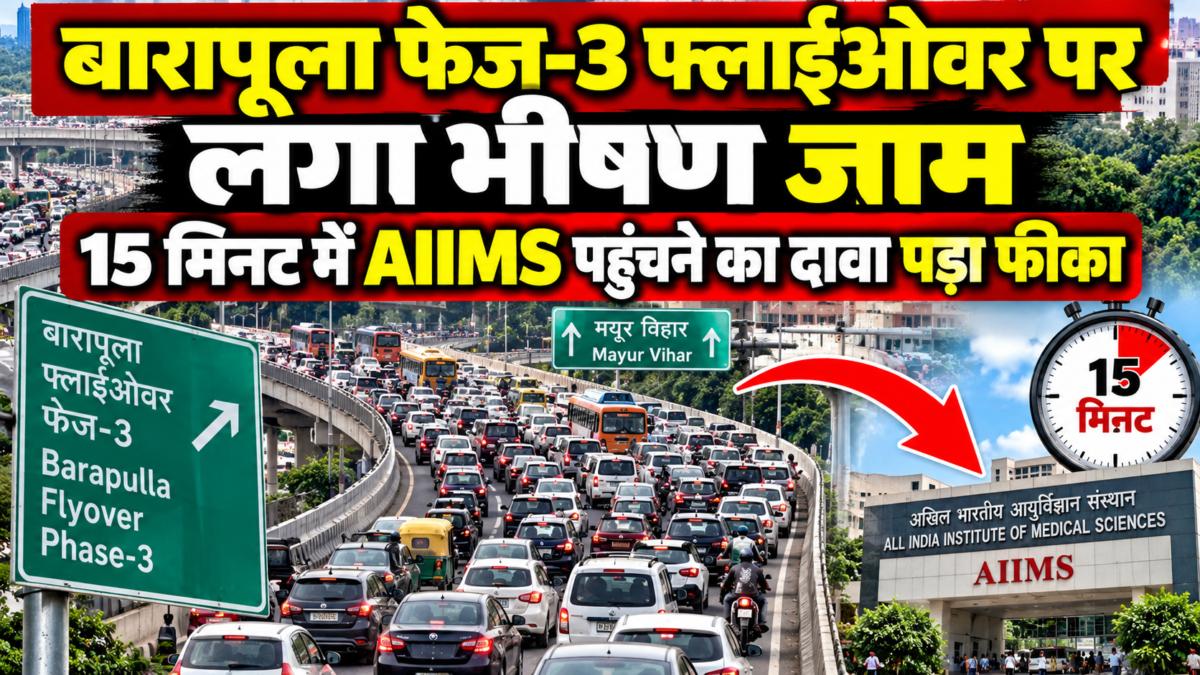 बारापूला फेज-3 फ्लाईओवर पर लगा भीषण जाम, 15 मिनट में AIIMS पहुंचने का दावा पड़ा फीका